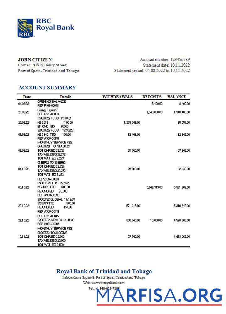 Realistic Trinidad and Tobago Royal bank statement excel example